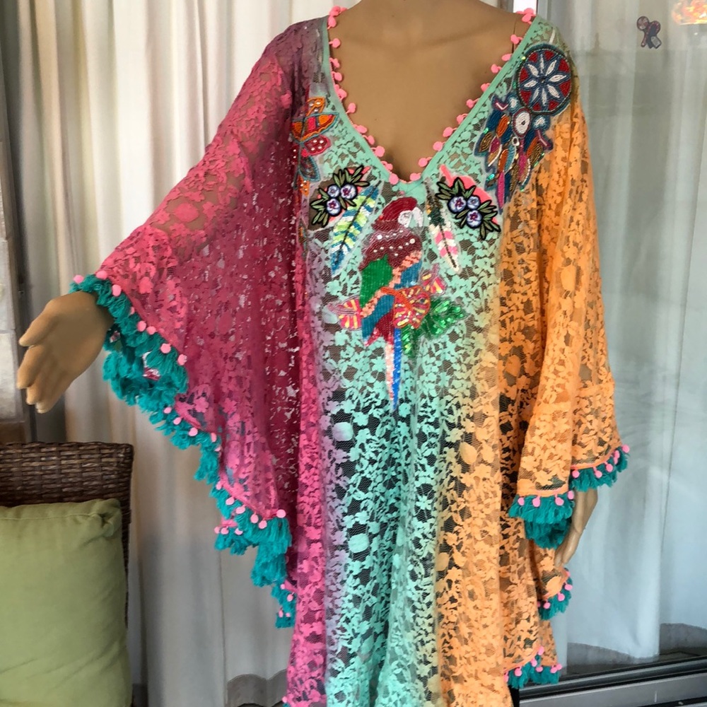 Antica Sartoria Beaded Embroidered dip dyed poncho